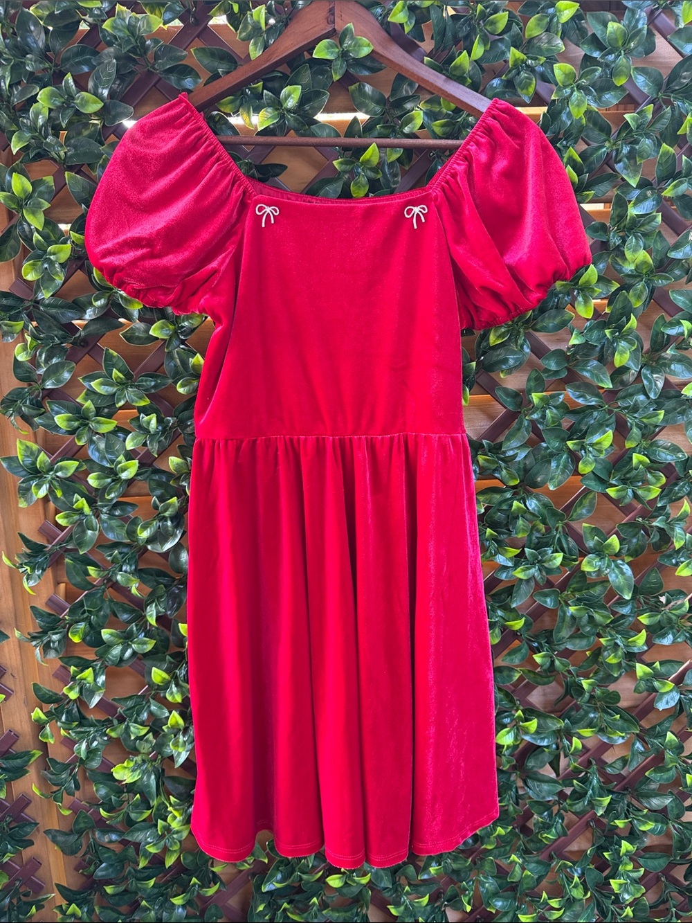 Trixxi Girl Red Velvet Puff-Sleeve Kids Dress